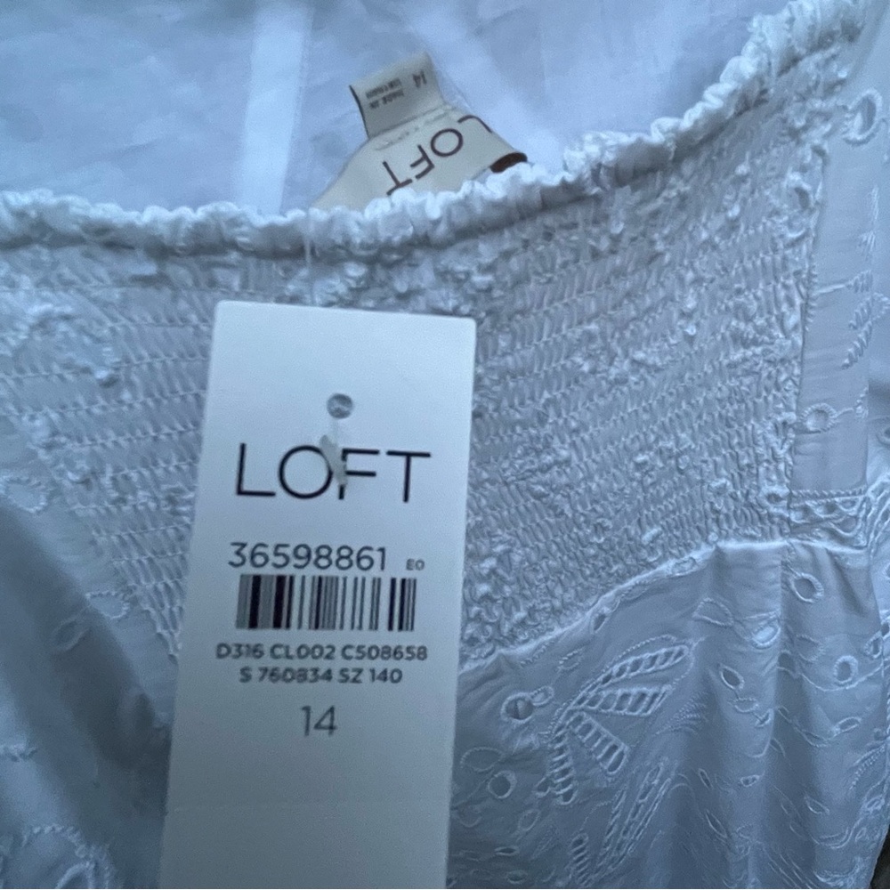 LOFT NWT White Shell Eyelet Cotton Smocking Spaghetti Strap Midi Dress Size 14 - Picture 9 of 10